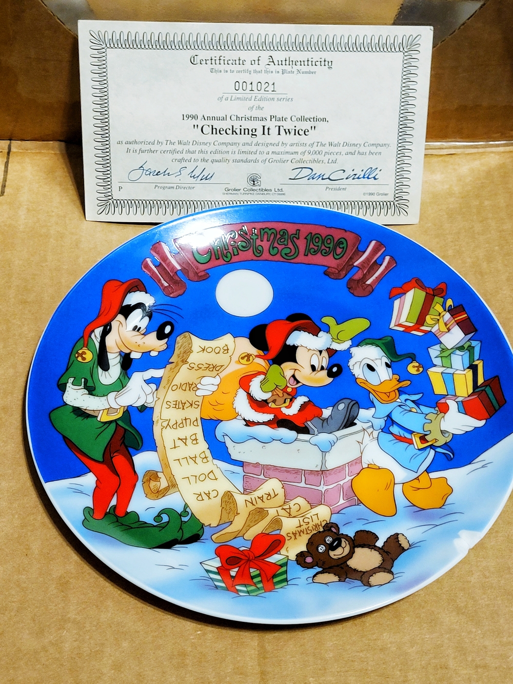 Disney Blue Christmas 1990 Holiday Plate with Mickey, Donald & Goofy